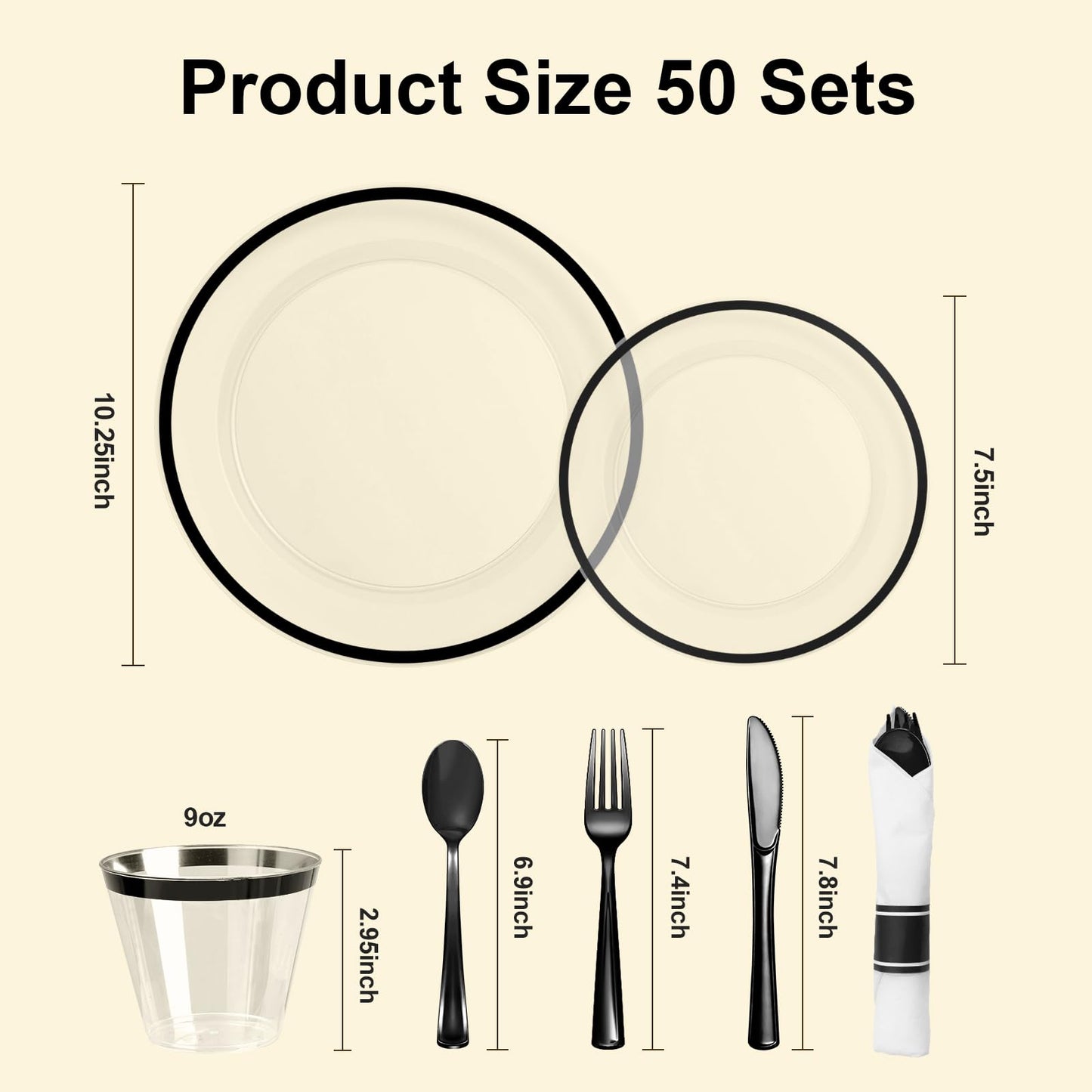 BESTSTAR 350PCS Clear and Black Disposable Plates Set for 50 Guests, 100 Plastic Plates, 50 Plastic Cups, 50 Pre-Rolled Napkins with Cutlery for Graduation Party, Thanksgiving, Birthday, Halloween