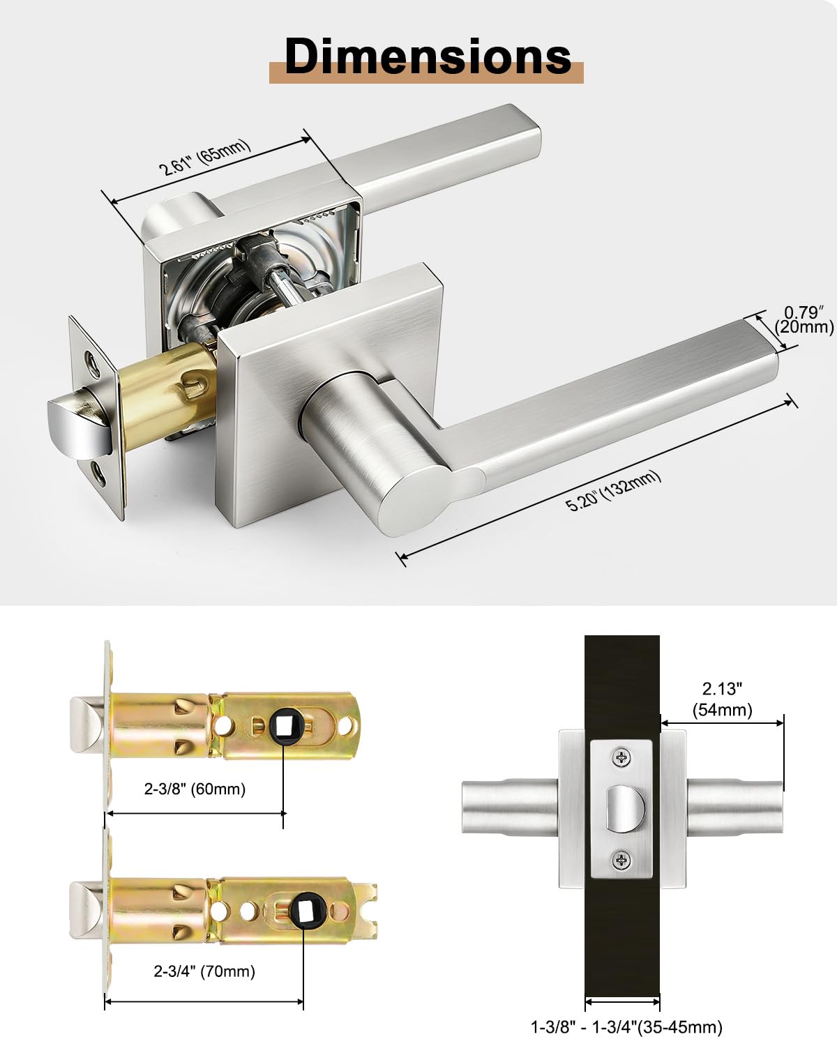 Probrico Brushed Nickel Passage Door Handles, 3 Pack Non-Locking Levers for Closet & Hallway, Modern Reversible Interior Door Hardware