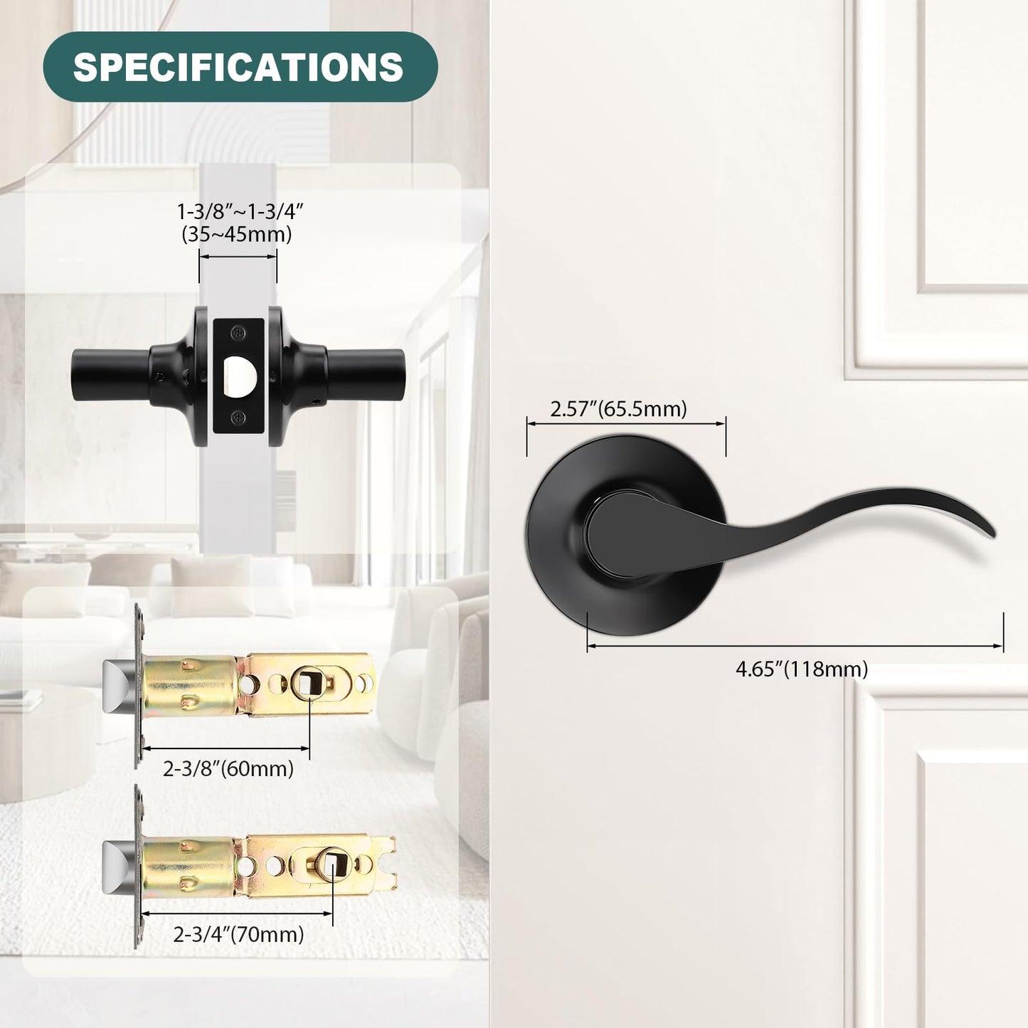 GOBEKOR 3 Pack Passage Door Levers Hallway Closet Door Handles Interior Door Handle with Lock Keyless Matte Black Wave Door Handle Lever Set
