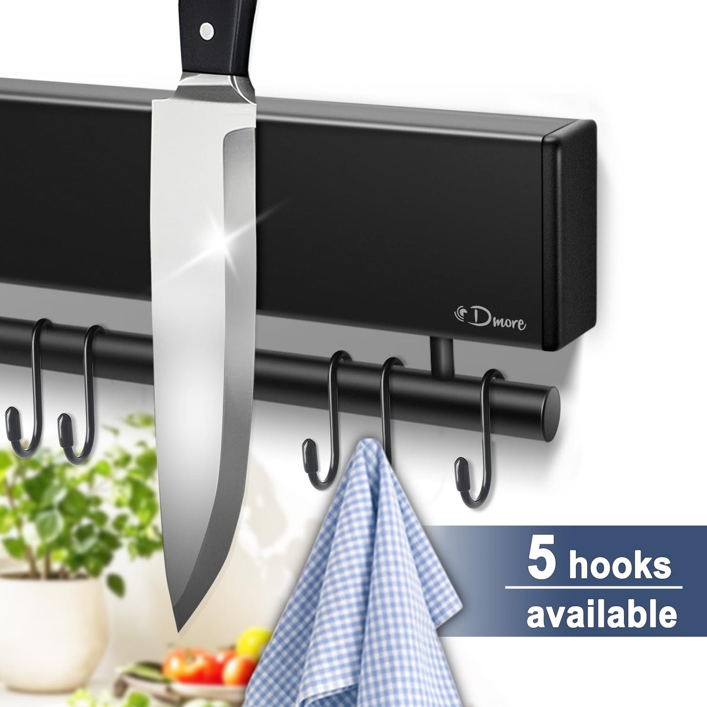 Dmore magnetic knife holder for wall—with 5 hooks, No Drilling 12 Inch black knife magnetic strip, Extra Strong Magnet knife rack, include Adhesive Tape and screws for Knives and Tools