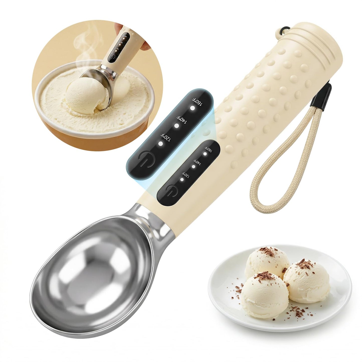Heated Ice Cream Scoop: Rechargeable Electric Scooper with 3 Temperature Settings - 120/140/160 °F, LED Display & 2600 mAh Capacity for Hardened Gelato and Frozen Treats