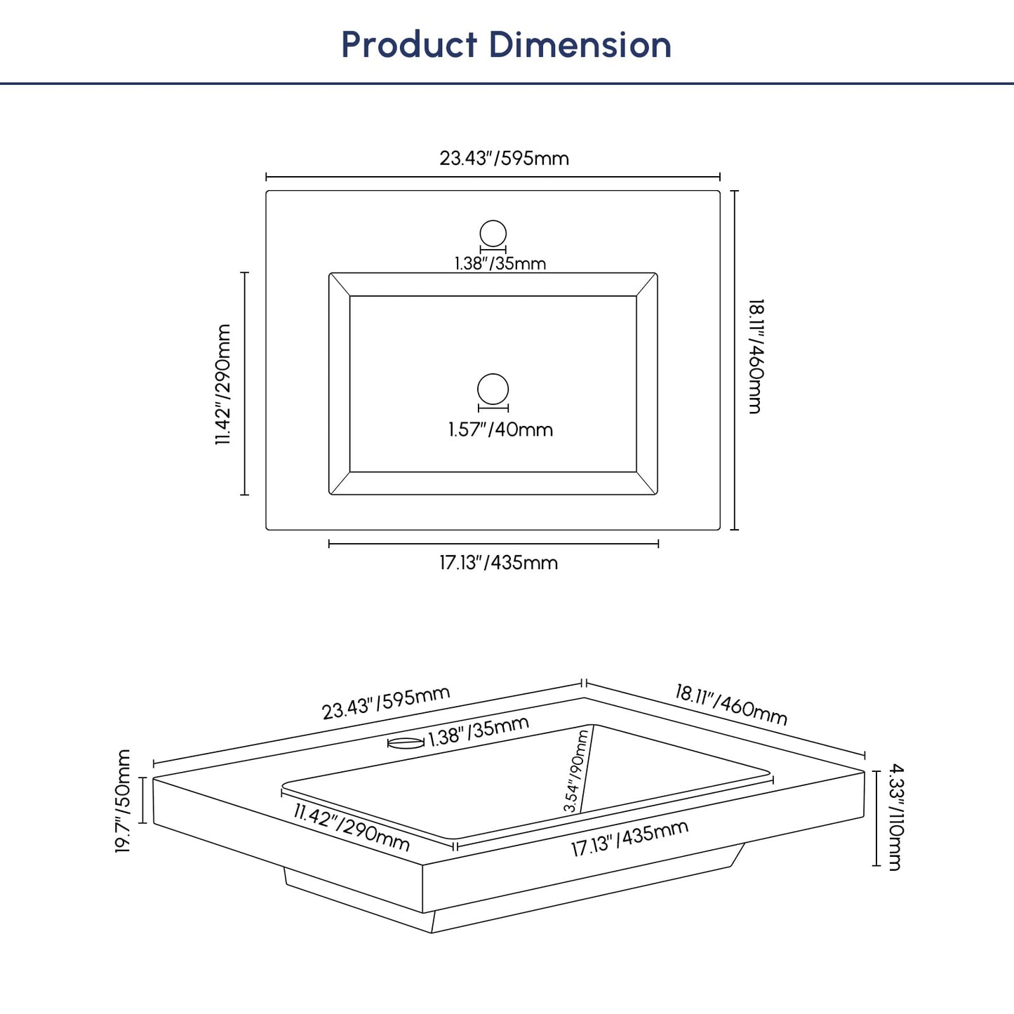 Weibath Semi Recessed Bathroom Sink, 23.4 Inch Rectangular Bathroom Vessel Sink, Drop-In Countertop Basin with Single Faucet Hole, Center Drain Assembly for Modern Vanity Cabinet, Gray