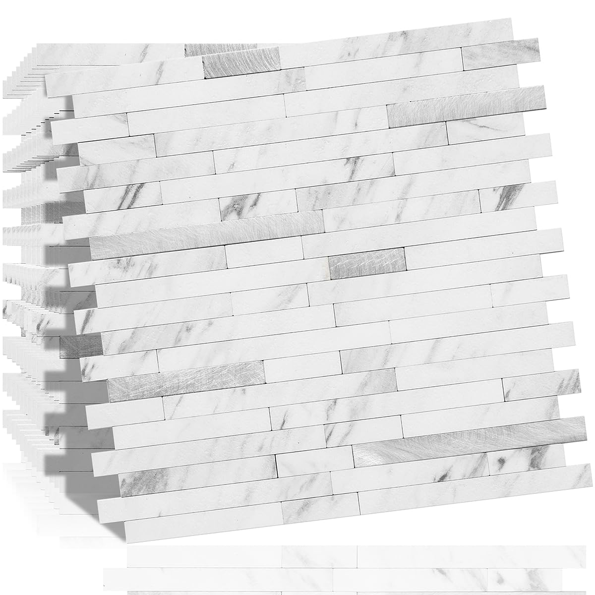 DICOFUN 10-Sheet Peel and Stick Backsplash Tile, Faux White Marble Look PVC Mixed Metal Stick on Backsplash Tiles for Kitchen and Bathroom, 9.4 sq.ft