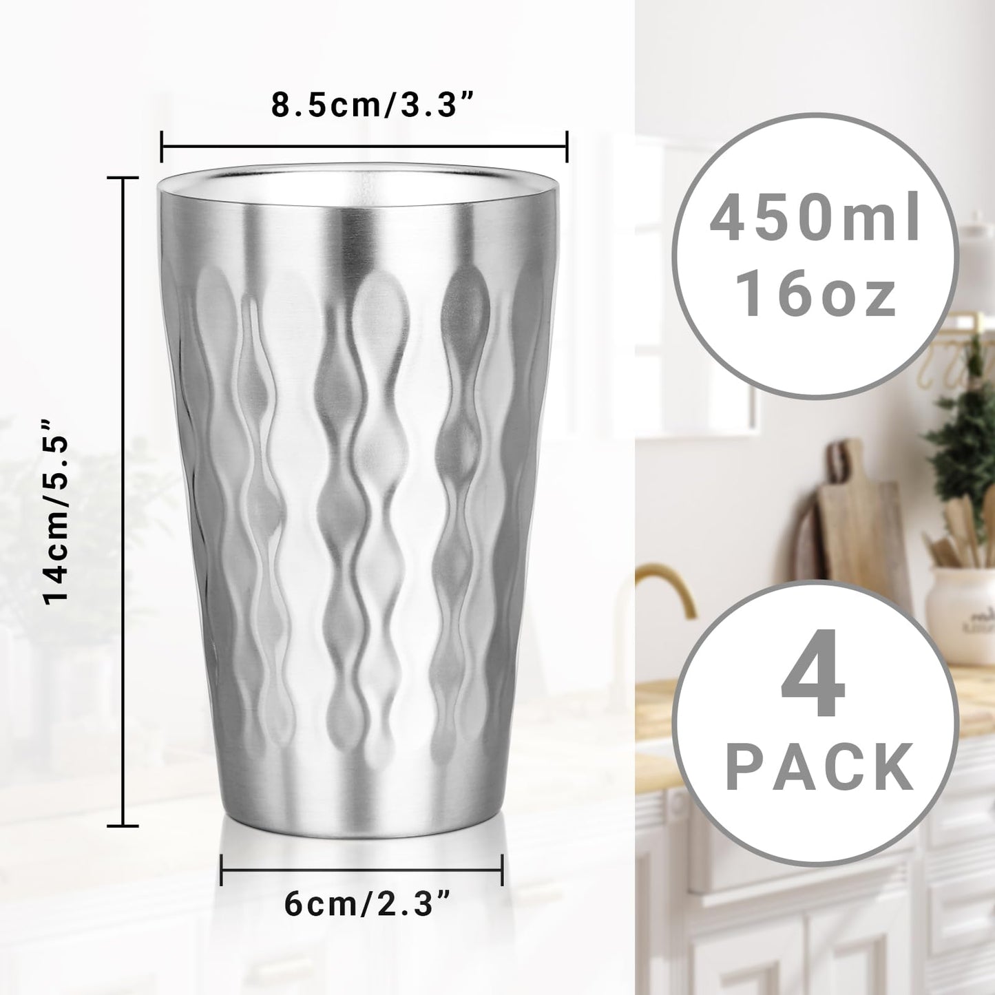 Offiper Stainless Steel Double Wall Cups, 16 oz Insulated Tumbler, 4 Pack Unbreakable Stackable Water Tumblers Insulated Metal Cup Premium Drinking Glasses for Travel Camping Home Outdoor