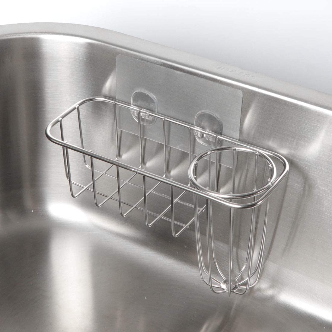 HULISEN 3-in-1 Sponge Holder for Kitchen Sink with Dish Brush Holder, Stainless Steel Caddy for Soap, Scrubber, No Drill and Rustproof, Silver