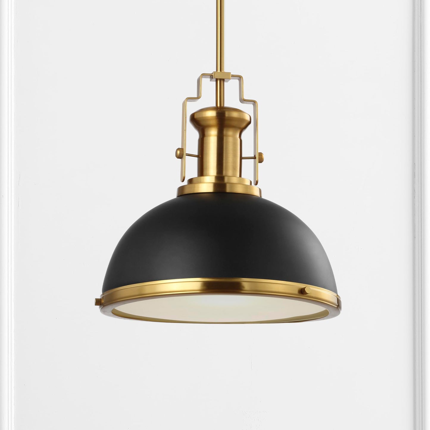 JONATHAN Y 13" Black/Brass Gold Modern Industrial Iron LED Dome Pendant Light, Adjustable Hanging Fixture for Kitchen Island or Entryway, Black Metal Shade, LED Bulb Included (JYL9536A)