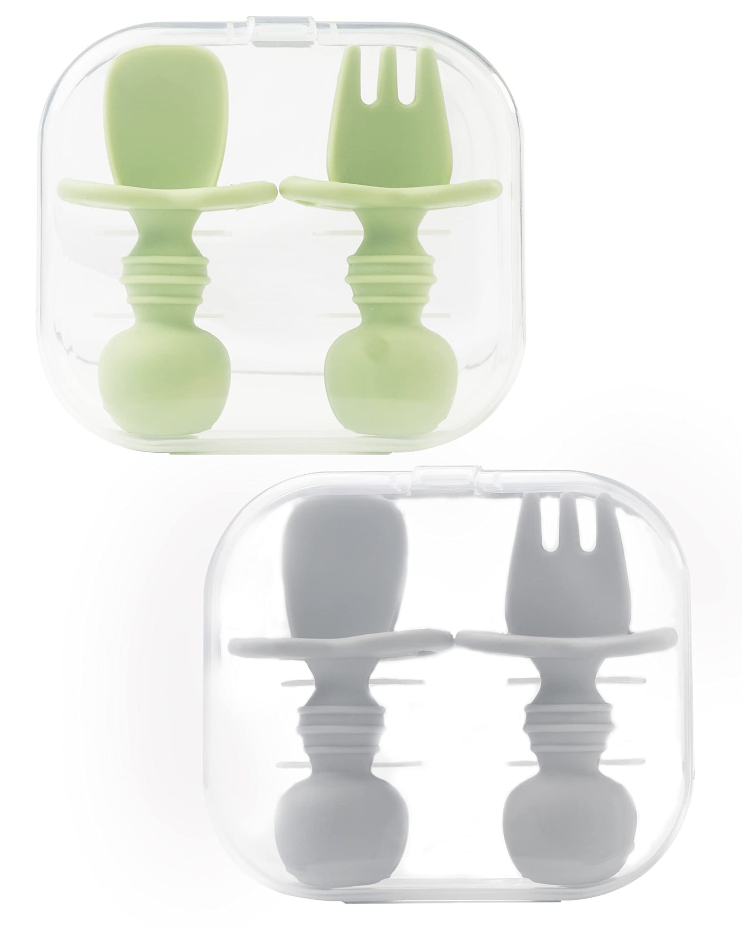DF DUALFERV 4 Pcs Baby Spoons Self Feeding 6 Months, Silicone Baby Spoons First Stage and Baby Fork, Toddler Utensils for Baby Led Weaning with 2 Cases (Green, Grey)