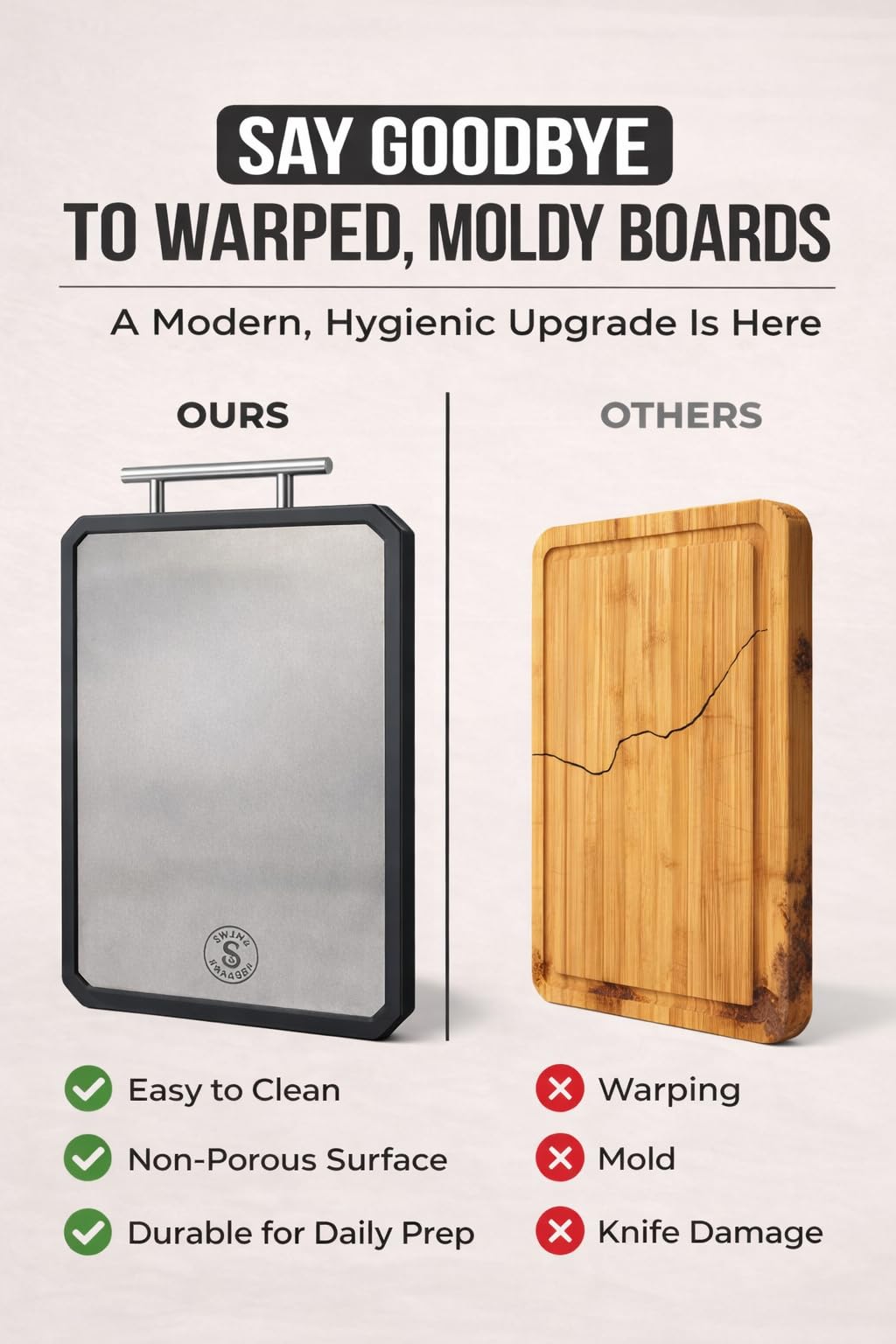 Titanium Cutting Board for Kitchen with Scraper – 16” x 11” Double-Sided Metal Cutting Board with Steel Handle, Large Prep Surface