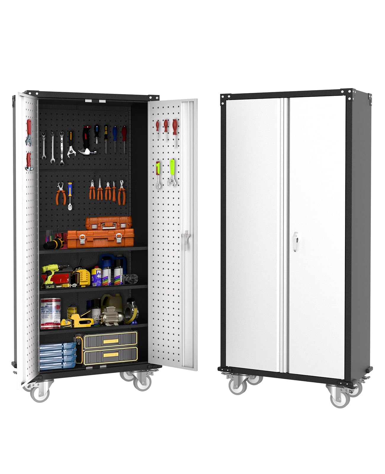 IDEALHOUSE Rolling Tool Cabinet with Lock, 72" Heavy Duty Steel Garage Storage, 4 Adjustable Shelves, Pegboard, Mobile Organizer for Tools, Workshop, Home, Industrial Steel Storage Cabinet On Wheels
