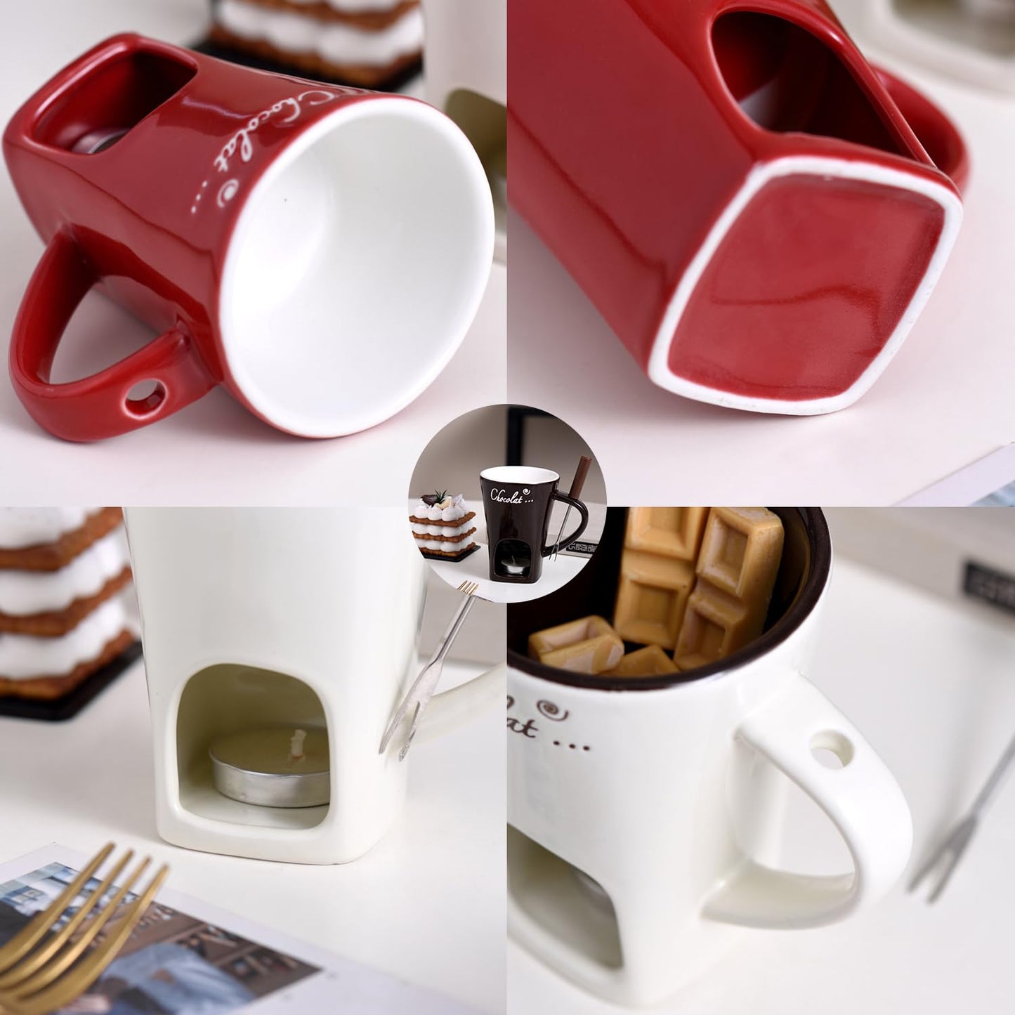 Sweet Fondue Cup for Date Night and More, Chocolate Fondue Mug with Fork, Personal Chocolate Melting Cup for Cheese, Ceramic Chocolate Melting Cup For Birthday Wedding Gifts (Red)