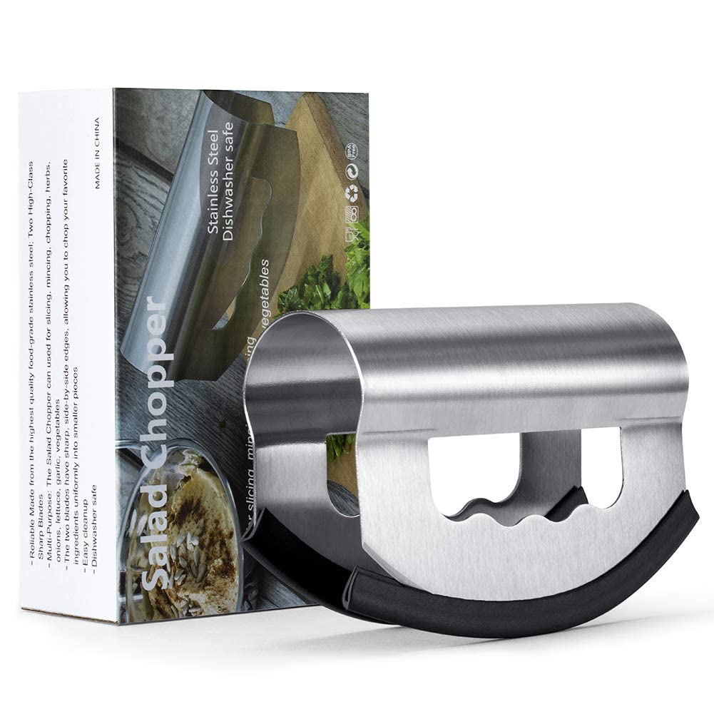 Salad Knife Chopper with Protective Cover - Stainless Steel Salad Cutter, Double Blade Chopping Knife, Mezzaluna Salad Chopper for Salad and Vegetable Mincing