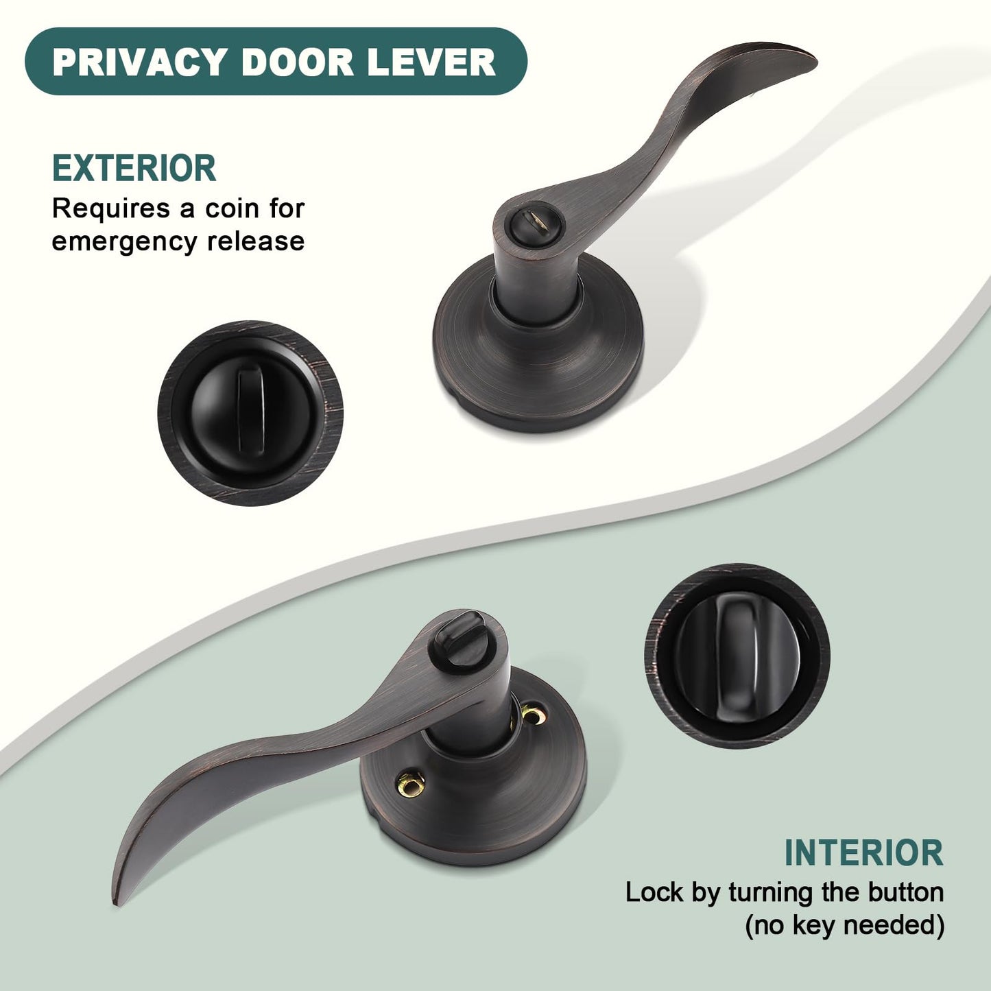 GOBEKOR 4 Pack Privacy Door Levers - Oil Rubbed Bronze Keyless Handles for Bedroom and Bathroom - Bronze Wave Interior Handle With Lock
