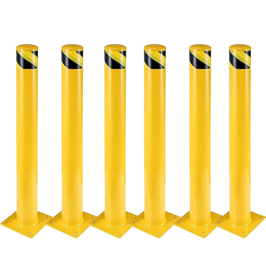 6Pcs Yellow Safety Bollards 48-Inch Steel Traffic Control Posts, 4.5-Inch Diameter with 24 Anchor Bolts, for Driveway Barriers and Parking Solutions