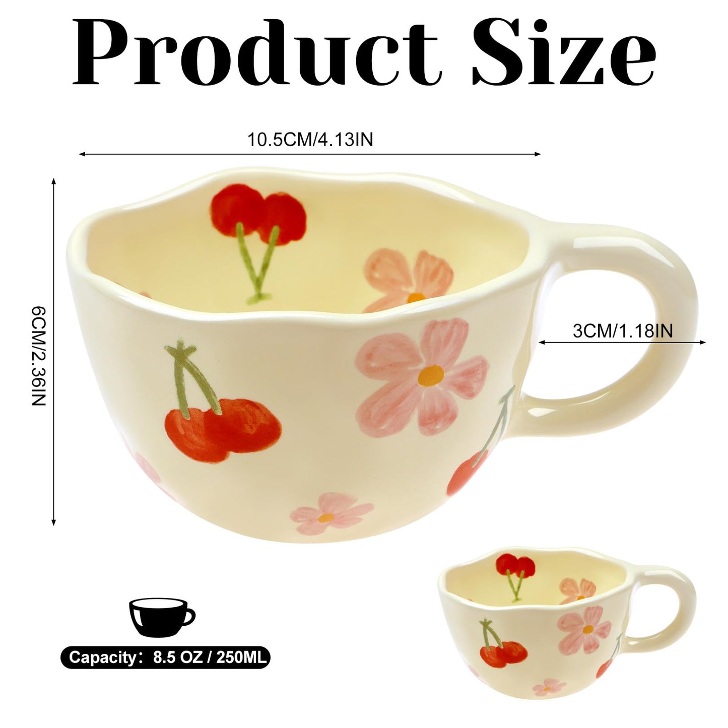 NAYAHOSE Ceramic Coffee Mug, Creative Cute Coffee Mugs Handheld Irregular Aesthetic Flower Ceramic Mug for Women Latte Tea Milk Oats Cup Breakfast Cups，8.5 oz/250 ml (Red Cherry)