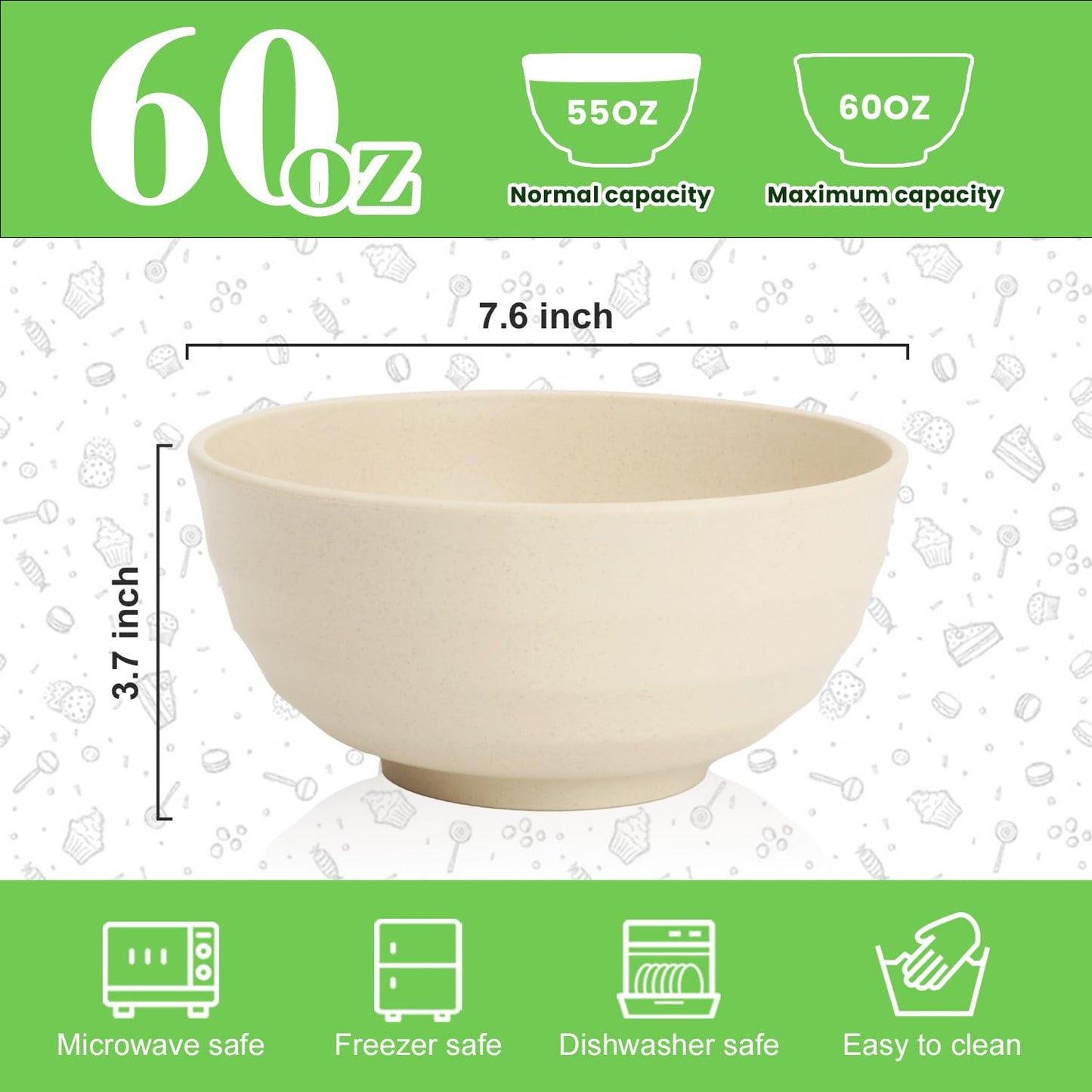 Perlapoc Large Wheat Straw Bowls Set of 6, 60 OZ Unbreakable Serving Bowls, Microwave Safe & Dishwasher Safe, Perfect for Salad, Fruit, Cereal, Soup, Ramen, Family Meals, Beige
