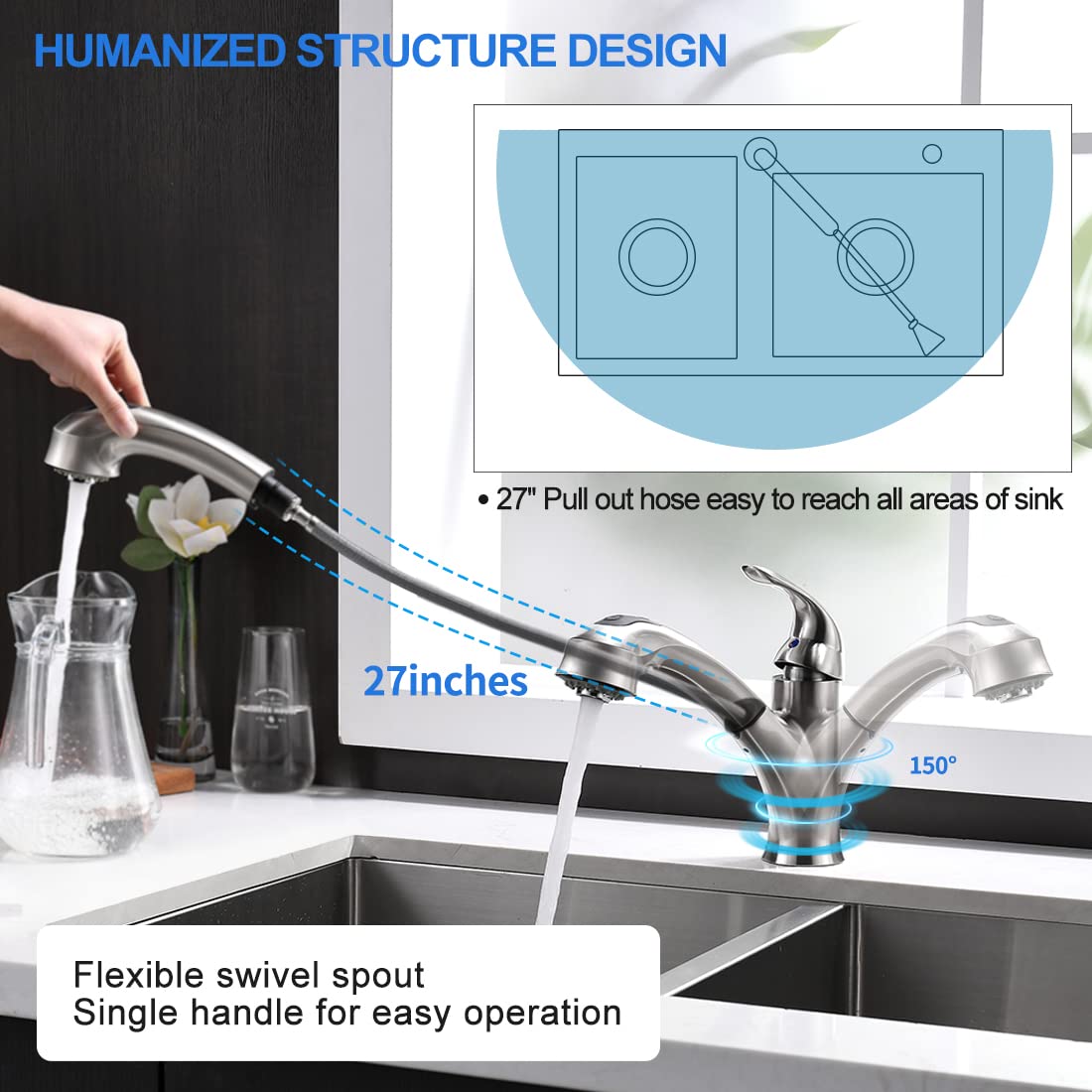 Kitchen Faucet with Sprayer, Brushed Nickel Kitchen Sink Faucet with Pull Out Sprayer, Single Handle 1 Hole Kitchen Faucets Solid Brass Commercial RV Kitchen Faucet 2 Modes & 150°Rotation & No Lead