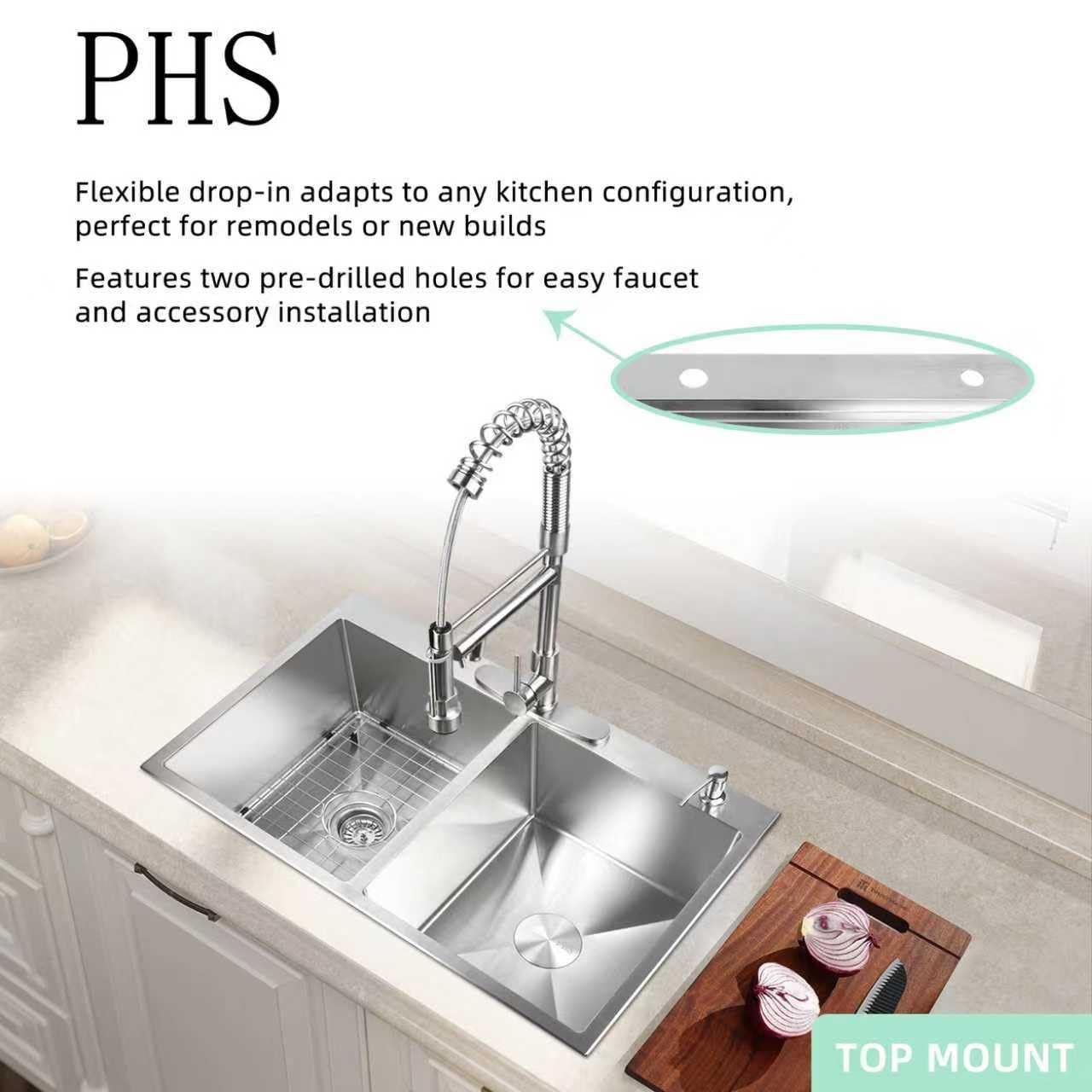 PHS 33 Inch Drop In Double Bowl Kitchen Sink 50/50-16 Gauge Stainless Steel Overmount Kitchen Sink 33x22 with Accessories, 9 Inch Deep Sinks with Brushed Finish