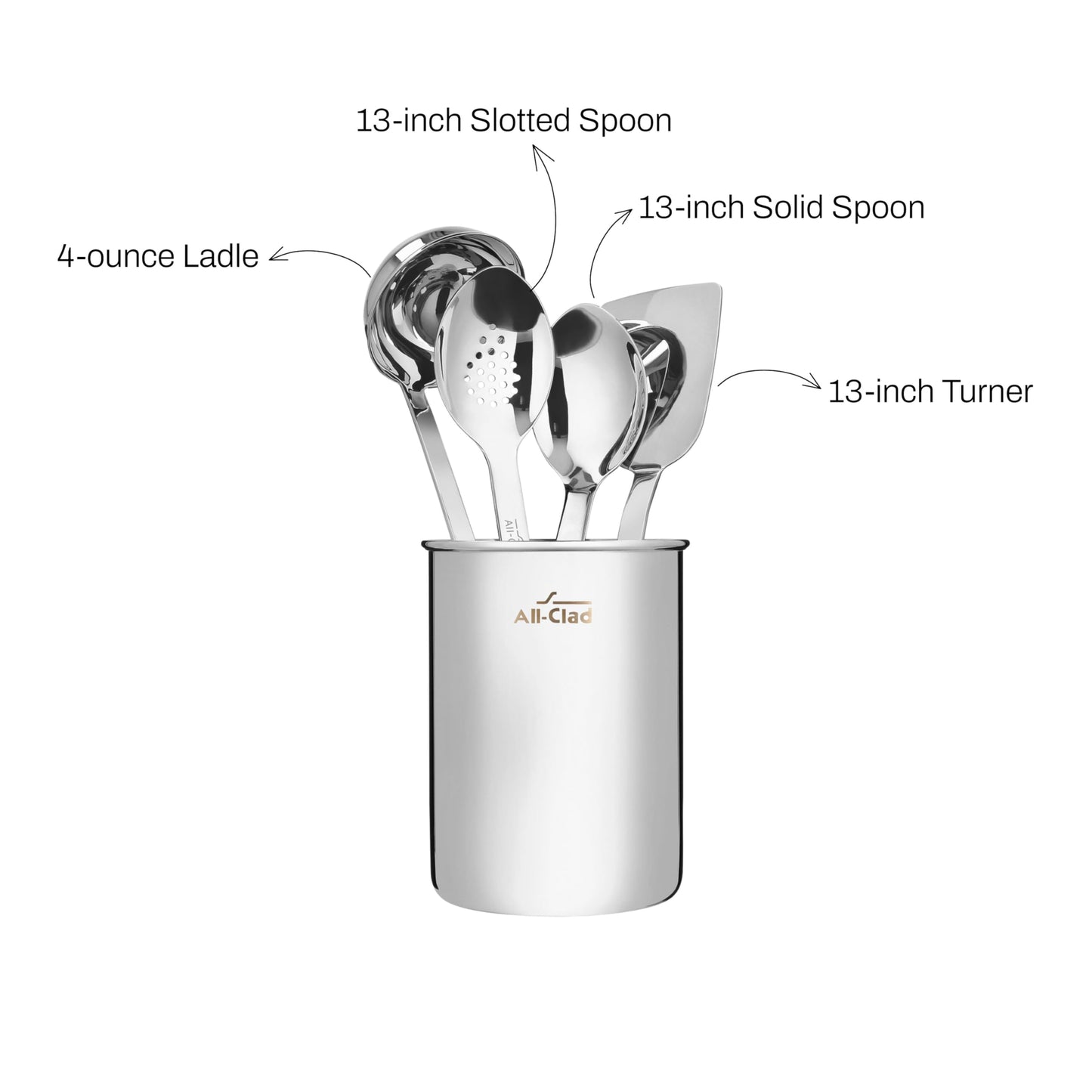 All-Clad 5-Piece Stainless Steel Kitchen Utensil Set – Includes Ladle, Solid Spoon, Slotted Spoon, Turner & Storage Caddy – Heavy-Gauge, Ergonomic, Dishwasher Safe, Silver