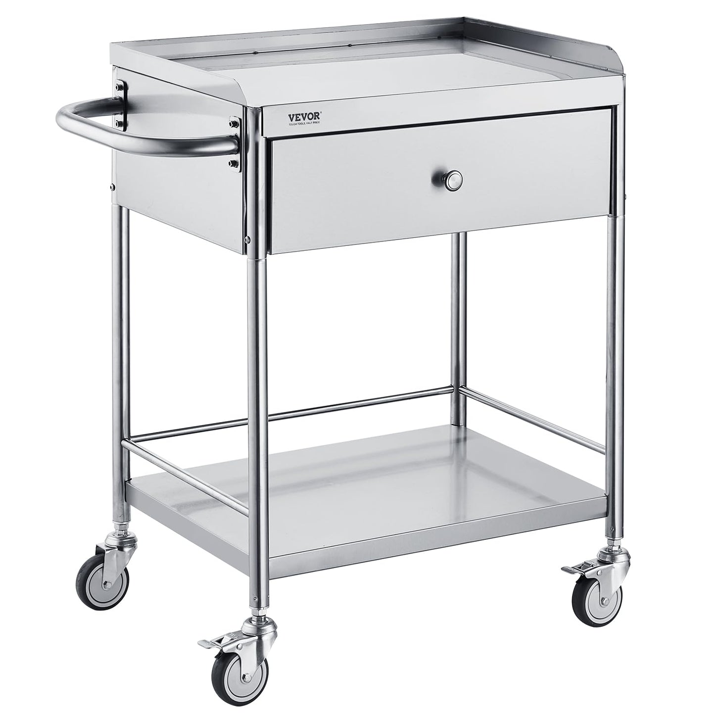 VEVOR Medical Cart, 2-Layer Stainless Steel Cart 220 lbs Weight Capacity, Lab Utility Cart with 360° Silent Wheels and a Drawer for Lab, Clinic, Kitchen, Salon