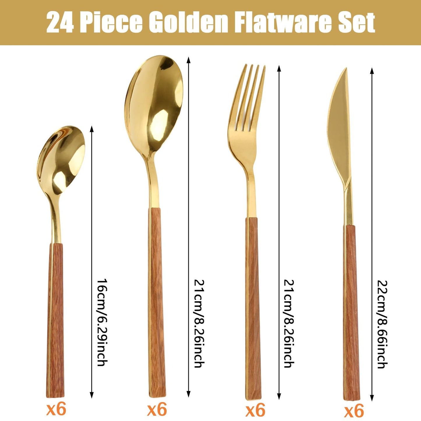 Golden Silverware Set, 24 Piece Flatware Cutlery Set for 6, 18/10 Stainless Steel Silverware, Gold Cutlery Set Utensils Set, Tableware Include Forks Knives Spoons