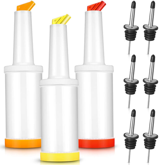 Chengu Fruit Juice Pour Bottles 34 oz Plastic Liquor Bar Supplies with Stainless Steel Bottle Pourer Tapered Spout for Cocktail Bartending Liquor Juice Store(Bright Colors,3 Pack)