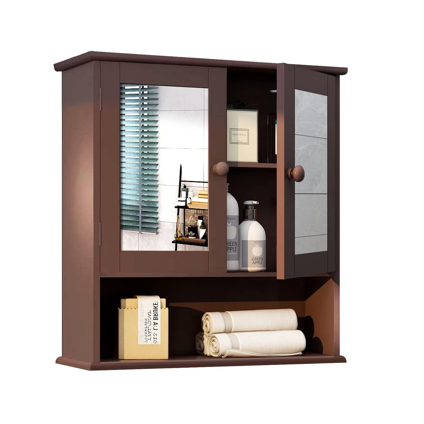 TaoHFE Brown Medicine Cabinet with Mirror - 2 Doors, 3 Open Shelves, Wall Mounted Wooden Storage Cabinet for Bathroom, Laundry Room, Kitchen