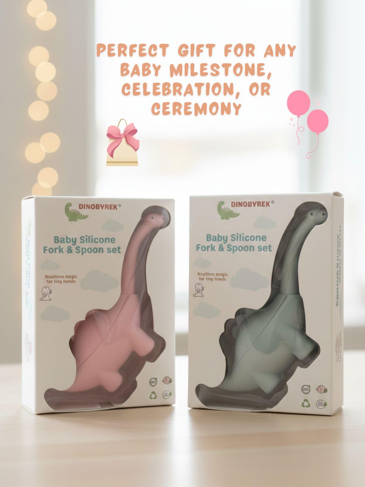 Baby Fork and Spoon Set, Cute Dinosaur Shape Premium Stainless Steel Silicone Toddler Utensils, Encourage Self Feeding, Playful & Fun, Safe, BPA Free, Easy Grip, Dishwsher Safe, Perfect Baby Gift