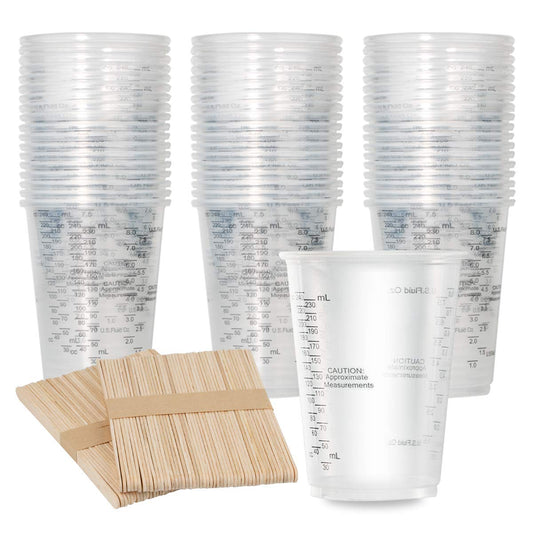 XUXU 100pcs 8oz Graduated Clear Plastic Measuring Cups with 100pcs Wooden Stirring Sticks for Mixing Paint, Pigments, Epoxy Resins, Resins