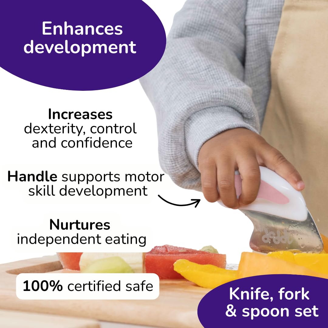 doddl Toddler Utensils, Ergonomic Fork Spoon and Knife Set for Self Feeding, Stainless Steel Silverware for 1-3 Year Olds, BPA Free, Dishwasher Safe (Dusky Rose)