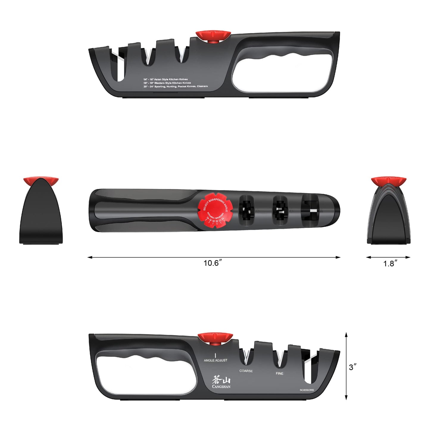 Cangshan 1026108 3-Stage Adjustable 14-24 Degree Professional Knife + Scissor Sharpener Black