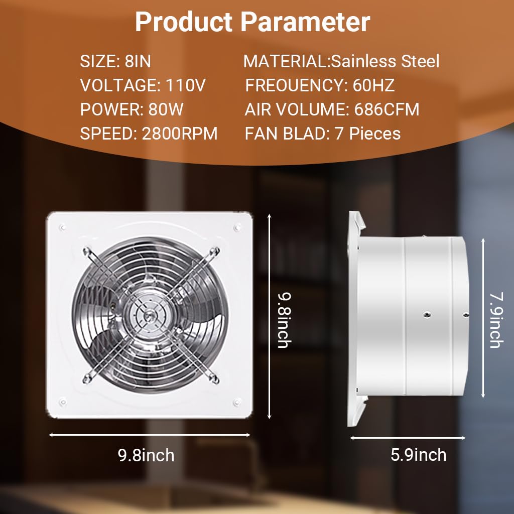 8 inch Exhaust Fan, 686CFM Wall Mounted Vent Fans, Ventilation Blower for Ceiling Bathroom Attic Window Basement Ventilation Fan, 110V 80W