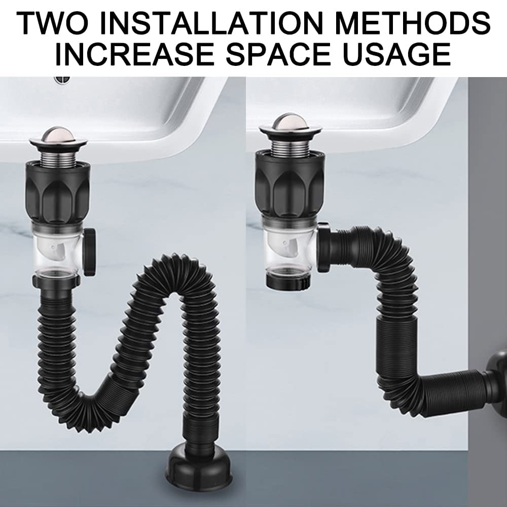 Bathroom Sink Drain Kit with Flexible Expandable P-Trap Pipe Anti-Odor Bathroom Sink Drain Pipe for 1-1/4" and 1-1/2" Hole