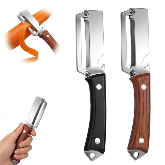 2PCS Premium Vegetable Peeler with Wooden Handle and Bottle Opener,Multifunctional 2-in-1 Stainless Steel Kitchen Tool for Potato Fruit Pineapple Pumpkin Papaya Carrot Vegetable Peeler(Mix)