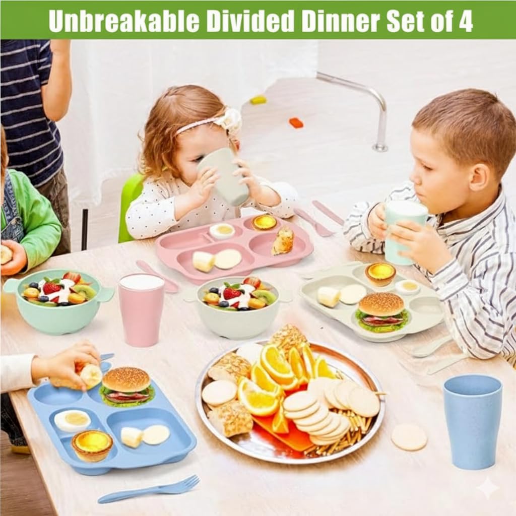 Wheat Straw Dinnerware Set – Plates and Bowls Set with Cups, Forks, and Silverware | Eco-Friendly, Reusable, Lightweight, Microwave & Dishwasher Safe Dining Set