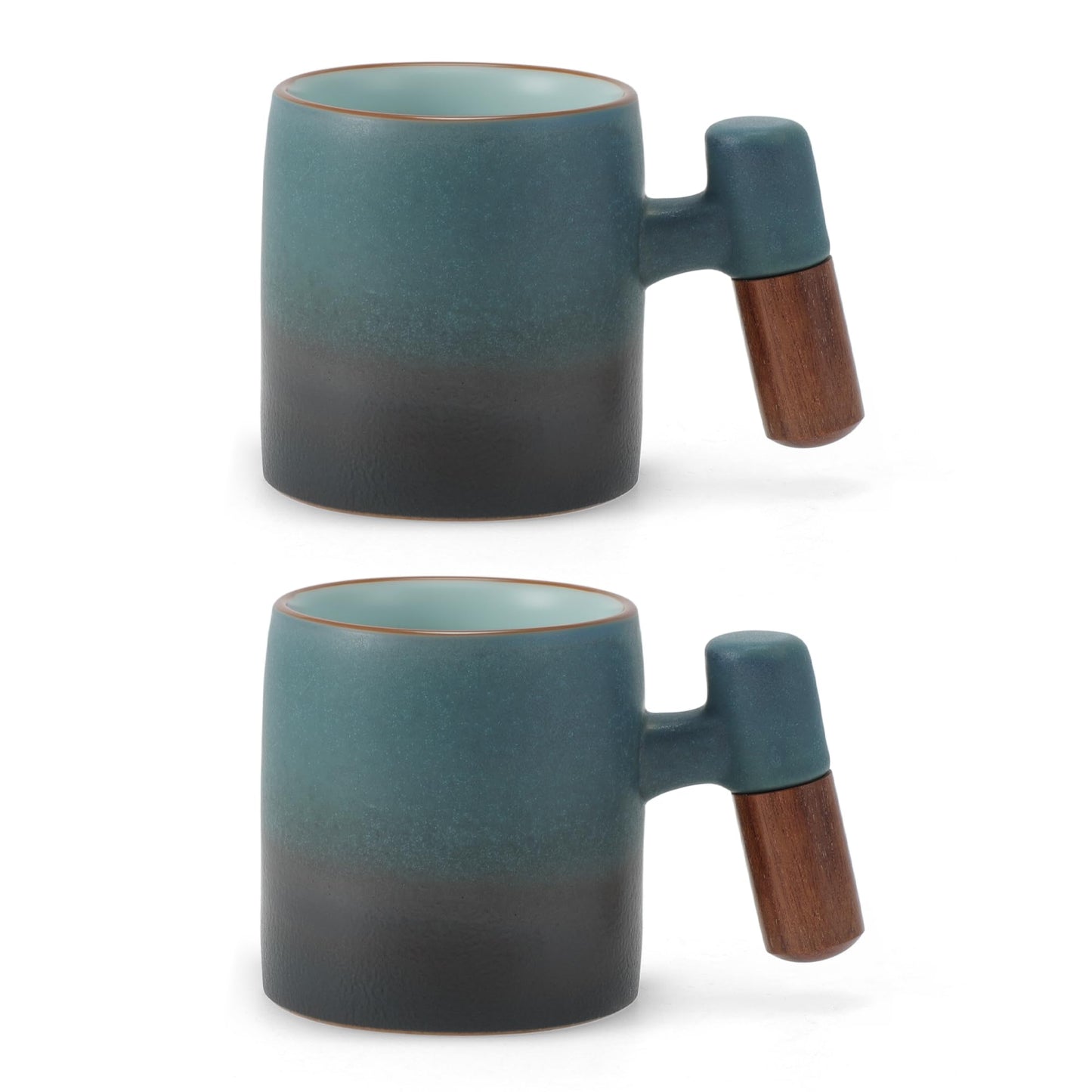 RENEWREVITAL 2.5oz Ceramic Espresso Cups with Wooden Handle, Porcelain Espresso Shot Cups Set of 2, Demitasse Cups for Coffee or Tea, Black, Blue