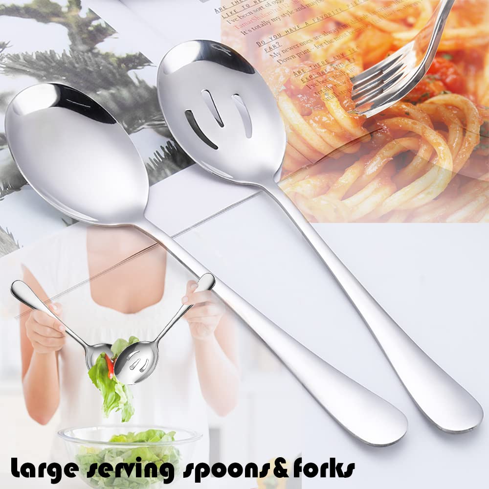 IAXSEE 8 PCS Stainless Steel Serving Utensils, Large Serving Spoons Slotted Spoons, Forks, Ice Suger Tongs, Cake Server, Soup Ladle, Metal Utensils Set Great for Buffet Catering Banquet Party, Silver