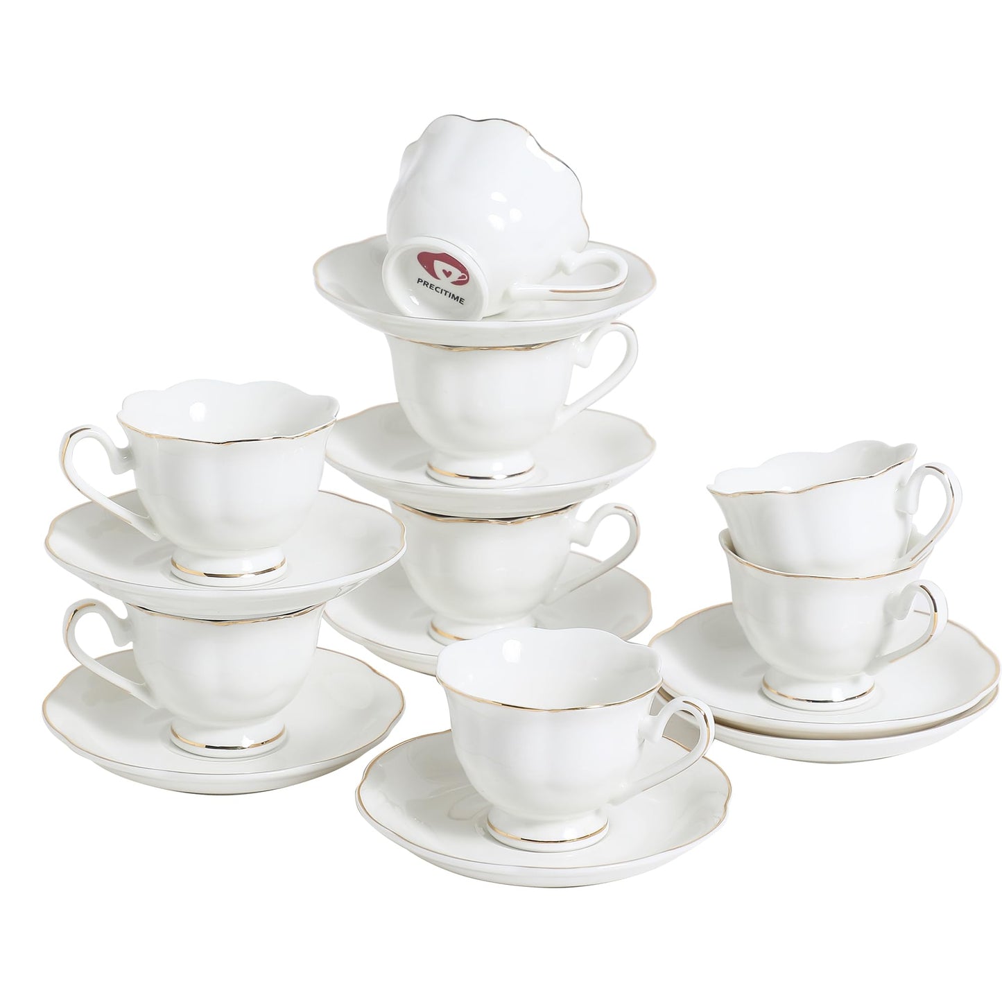 PRECITIME White Porcelain 75ml Demitasse Set of 8 (16-Piece) - 2.5oz Espresso Cups & Saucers, Elegant White & Gold Trim Coffee Set for Turkish Coffee, After Dinner, Gift Giving