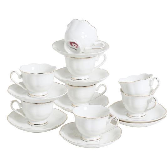 PRECITIME White Porcelain 75ml Demitasse Set of 8 (16-Piece) - 2.5oz Espresso Cups & Saucers, Elegant White & Gold Trim Coffee Set for Turkish Coffee, After Dinner, Gift Giving