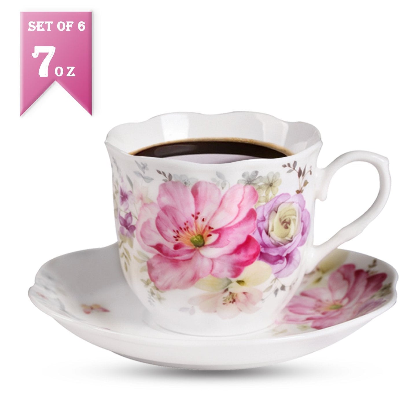 GuangYang 7 oz Porcelain Tea Cups and Saucers Set of 6, Pink Floral Design – Elegant Gift Set for Tea Lovers, Coffee, Cappuccino, Mocha, Weddings, Housewarming & Holidays