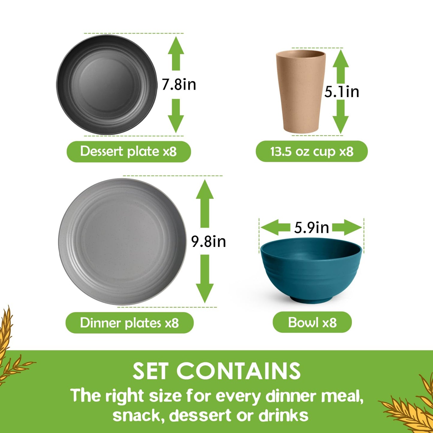 Teivio 32-Piece Kitchen Plastic Wheat Straw Dinnerware Set, Service for 8, Dinner Plates, Dessert Plate, Cereal Bowls, Cups, Unbreakable Colorful Plastic Outdoor Camping Dishes, Cerulean Hues