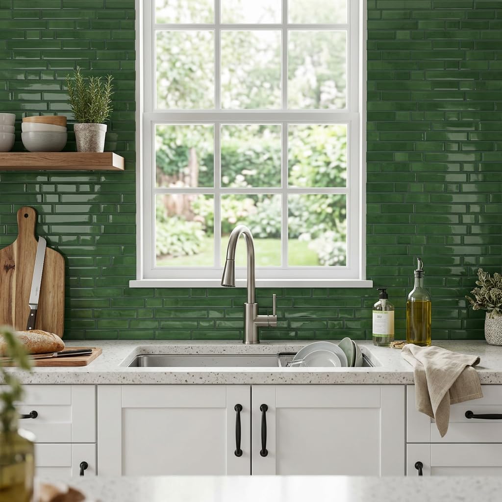 Tiwoos Green Peel and Stick Tile Backsplash 12"x12" Self Adhesive Wall Tiles 3D Marble for Kitchen, (10-Sheet)