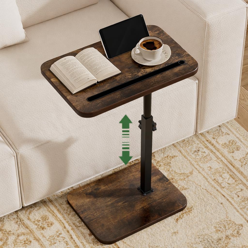 promitop TV Tray Side Table for Couch - 360° Swivel Adjustable Height Rotating Sofa Table C Table End Table Laptop Desk with Phone & Tablet Slot, Perfect for Eating Working Reading, Fits Small Spaces