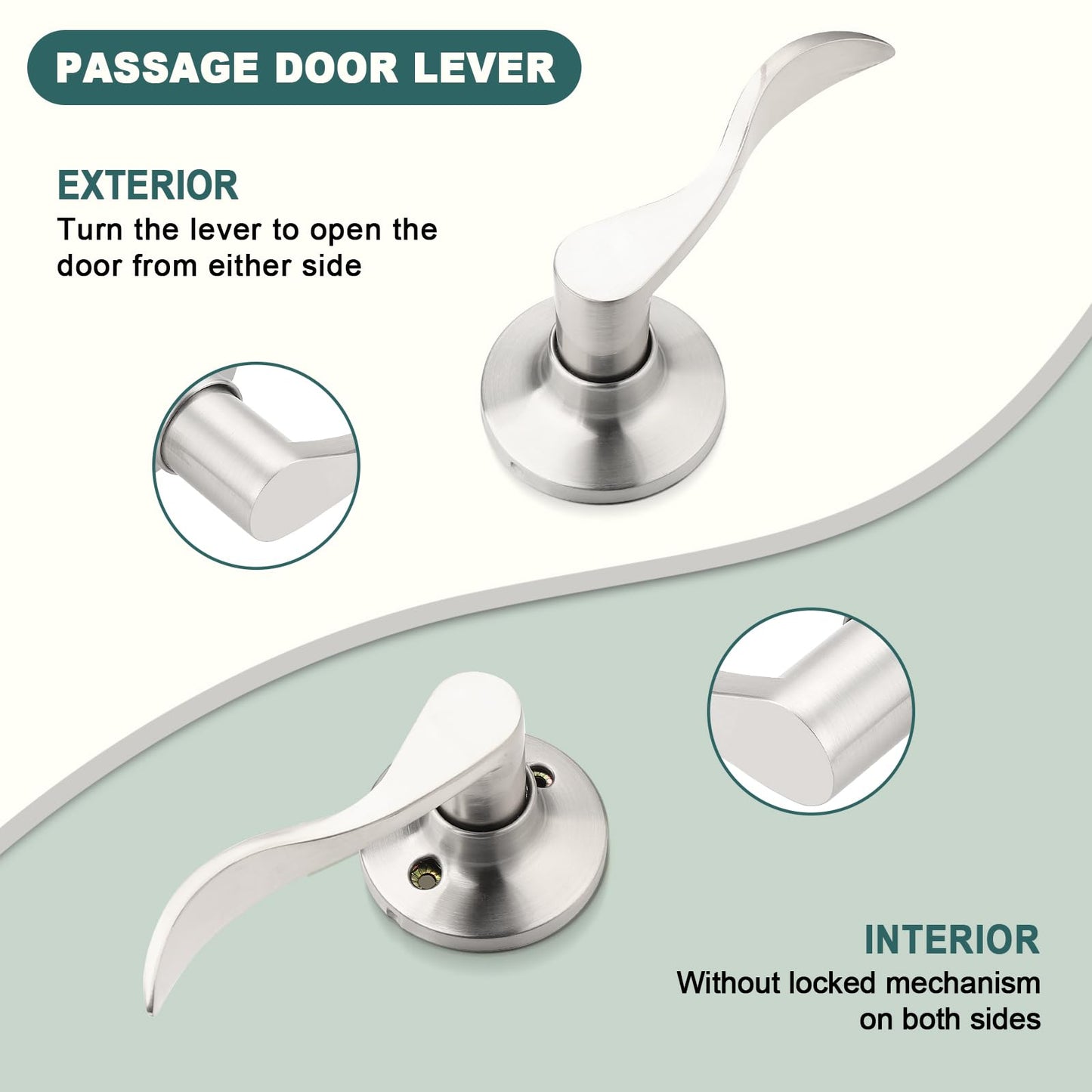GOBEKOR Door Handles Brushed Nickel Passage Door Handle Interior Door Lock Keyless Hall Closet Door Knob Silver Passage Door Levers, Reversible Lever, 6 Pack