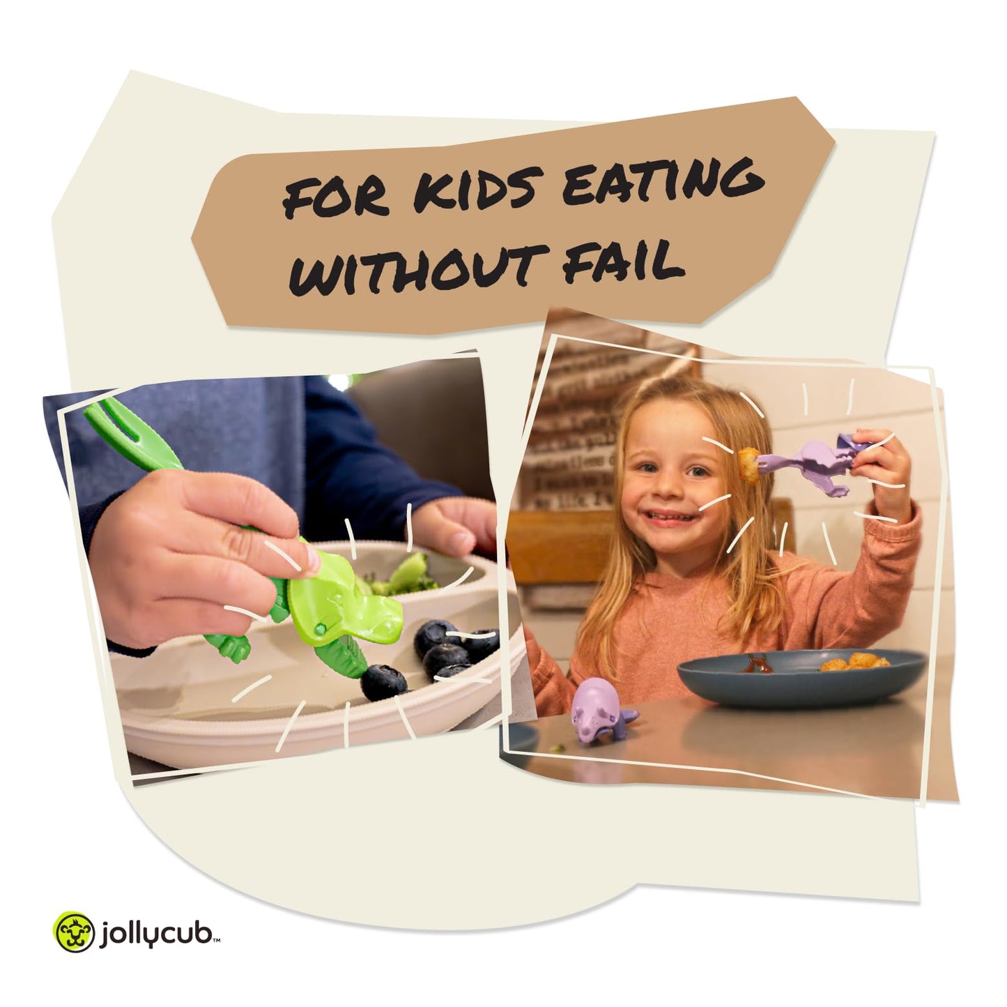 Jollycub® Interactive Toddler Utensils, Dino Chomperware™, Kids Silverware Set, BPA Free, Made in USA (Purple Fruits)