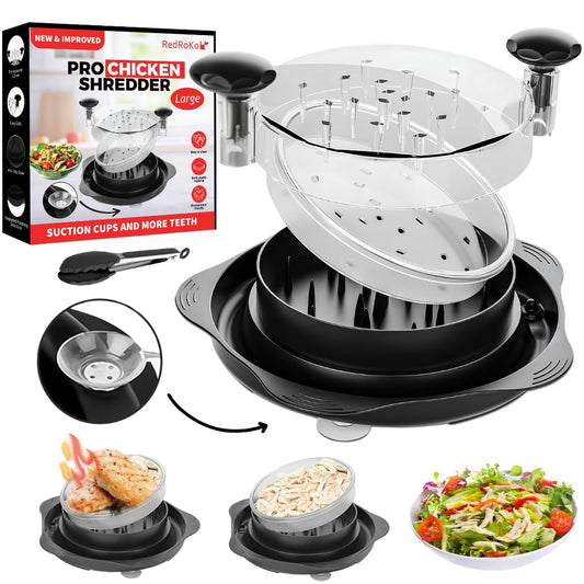 Large Chicken Shredder Tool Twist with Suction Cups, Ergonomic Handle & Strong Anti-Slip, Kitchen Gadget for Shredding Chicken Breast, Pork & Beef, Visible Meat Shredder Machine with Transparent Lid