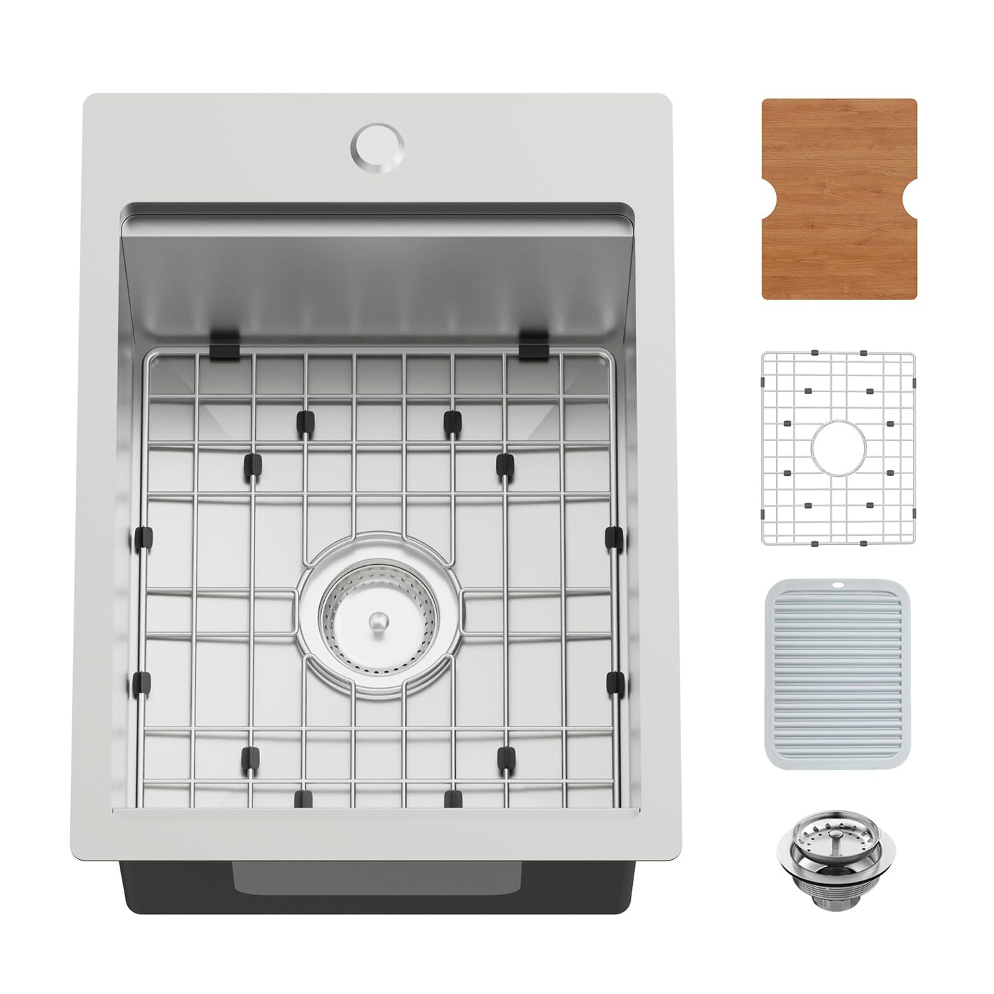 15x20In Kitchen And Bar Workstation Sink- Small Stainless Steel Drop In Single Bowl Bar Sink Built-in Ledge Topmount Workstation Sink With Accessory-SS Grid Cutting Board,Silicon Mat,Drain Assembly