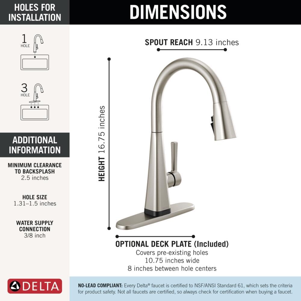 Delta Faucet Lenta Touch Kitchen Faucet Brushed Nickel, Kitchen Faucets with Pull Down Sprayer, Kitchen Sink Faucet, Faucet for Kitchen Sink, Touch2O Technology, SpotShield Stainless 19802TZ-SP-DST