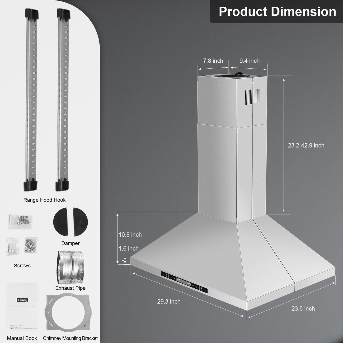 Tieasy 30" Island Range Hood 700 CFM Ceiling Mount Kitchen Vent Hood with Gesture/Touch Control, 3-Speed Fan & 4 LED Lights, Convertible Ductless/Duct, Stainless Steel Baffle Filters,Time Setting