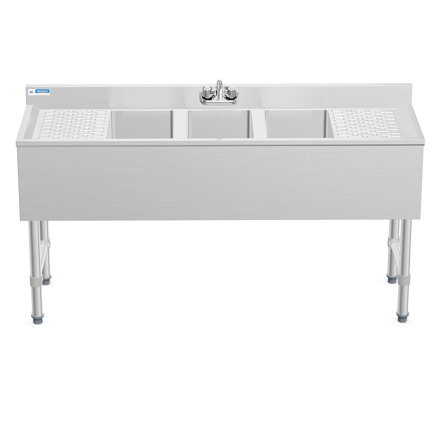 ROVSUN NSF 3 Compartments Bar Sink, Commercial Stainless Steel Underbar Sink with Double Drainboard, Freestaning Large for Kitchen, Bar, Laundry, Garage Use, 60 L x 33 W x 18.4 H