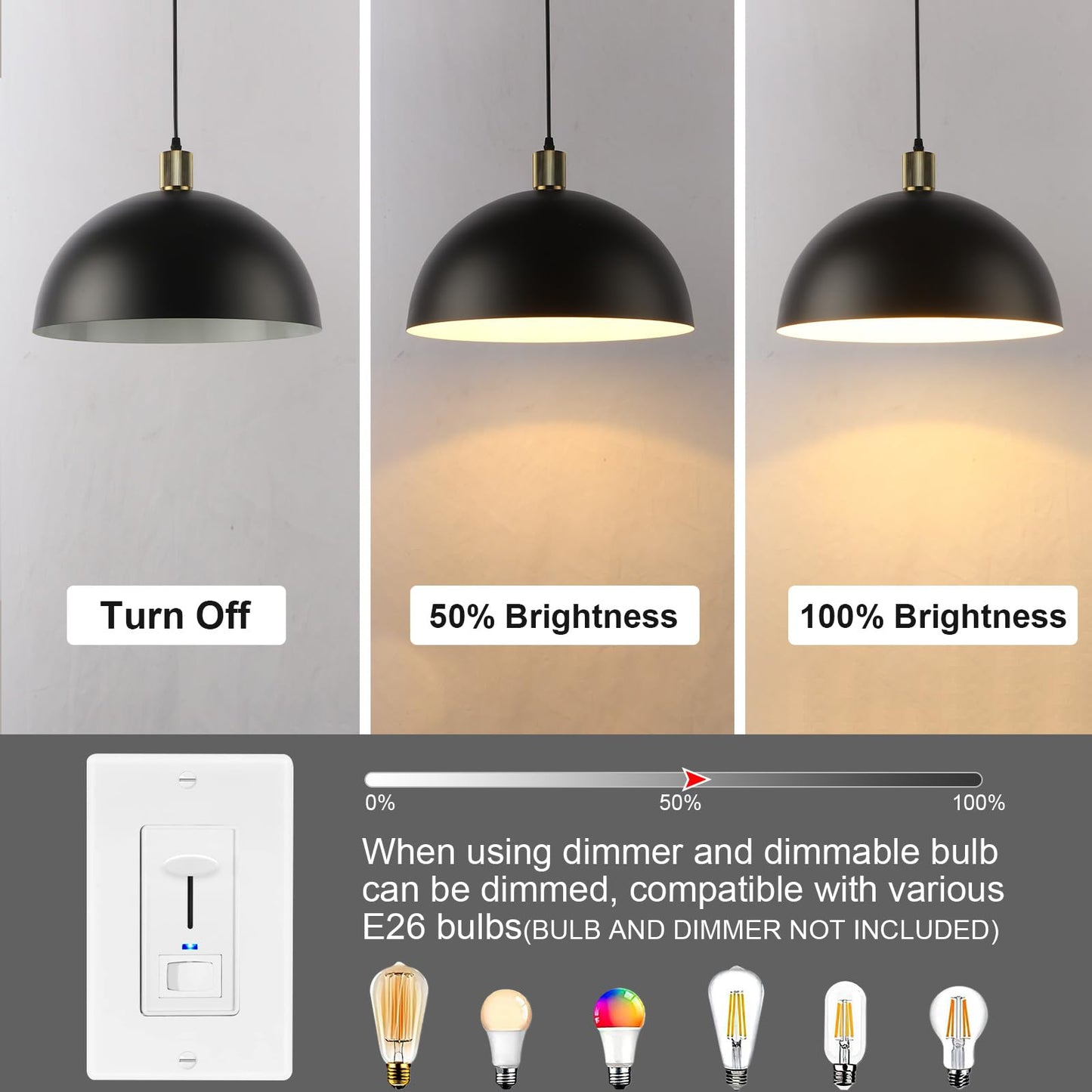 Karjearl Black Pendant Light Fixtures, 15.7 Inch Large Dome Pendant Lighting Farmhouse Vintage Chandelier for Kitchen Island Dining Room